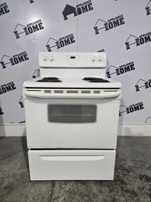 Frigidaire Stove CFEF3007LW 30 Electric, Coil top, 4 Barbers, 4.8 Cu. Ft. Manual Clean, storage drawer, white color, Used Refurbished.