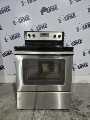 Whirlpool stove 30 YWFE510S0AS, glass top, 4 burners, oven capacity 4.8 Cu.Ft, Self-Cleaning, Storage Drawer, stainless steel color, Used, Refurbished.