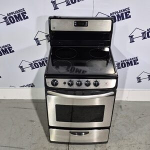 GE Stove JCAS745MSS 24" Condo size, Electric, Glass top, 4 Burners, Compact Range, 3.0 cu. ft. Storage Drawer, Stainless Steel color, Used Refurbished.
