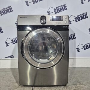 Dryer Samsung DV448AEP 27″ Electric, Front load, stackable, 7.4 cu. ft, 9 Cycles, 4 Temperature, Steel Drum, Stainless steel color, Used Refurbished.