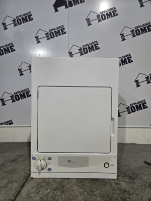 GE Dryer PSKS333EBWW 24 Electric, Front load, Stackable, 3.6 cu. ft. compact size, 3 Cycles, 3 Temperature, 4 ways vent, 120 Volts, White color, Used Refurbished.