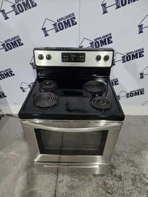 Frigidaire Stove CFEF3016TS 30 Electric, Freestanding, Coil, 4 burners, 5.3 cu. ft.  Self Clean, Storage Drawer, Stainless Steel color, Used Refurbished.