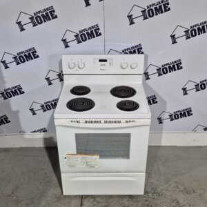 Whirlpool Stove YWFC150M0AS 30" Electric, Freestanding, Coil Top, 4 Burners, 4.8 cu. ft. Storage Drawer, white color, Used Refurbished