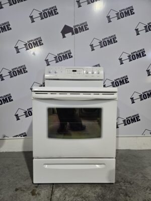 Frigidaire Stove GLEF384GB 30"  Electric, Freestanding, 5 Burners,  Ceramic glass top, Convection, Self Clean, 5.4 cu. ft. Storage Drawer, White color, Used Refurbished.